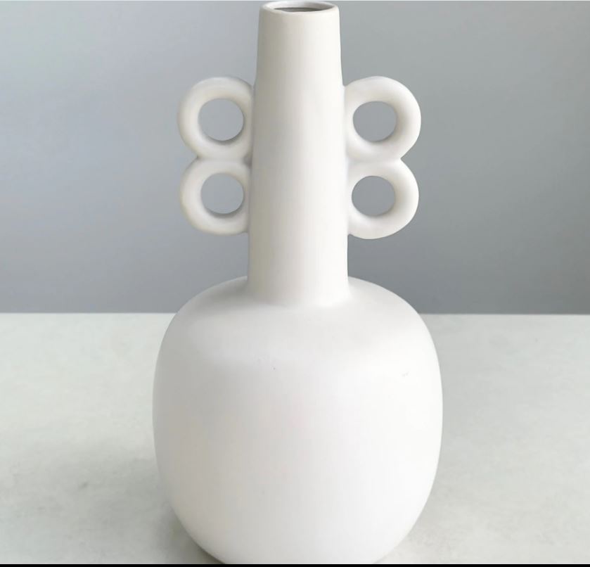 White Ceramic Vase Double Side Ring Handles