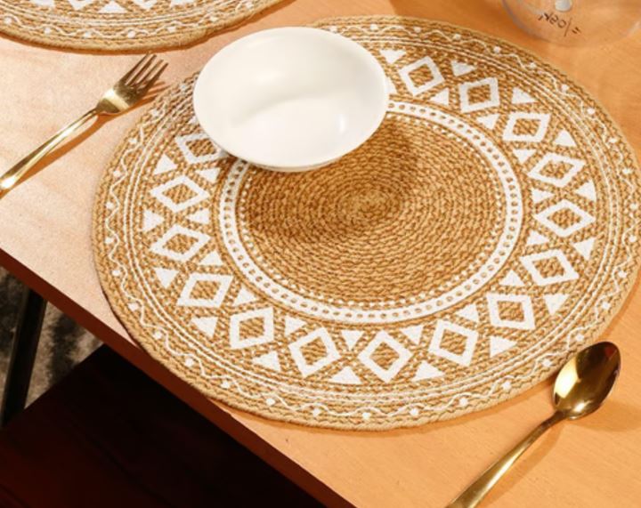 Printed Beige & White Jute Placemats