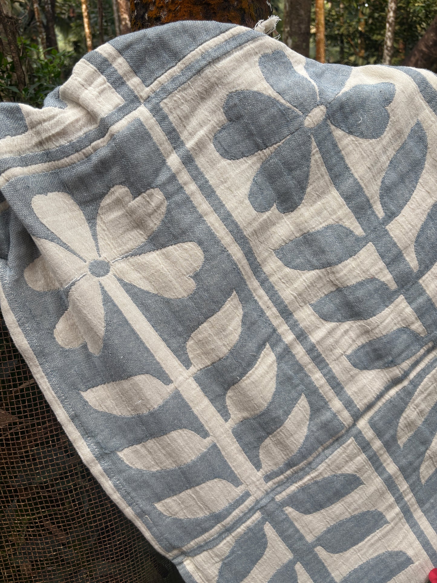 White & Blue Printed Sofa Throw