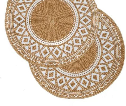 Printed Beige & White Jute Placemats